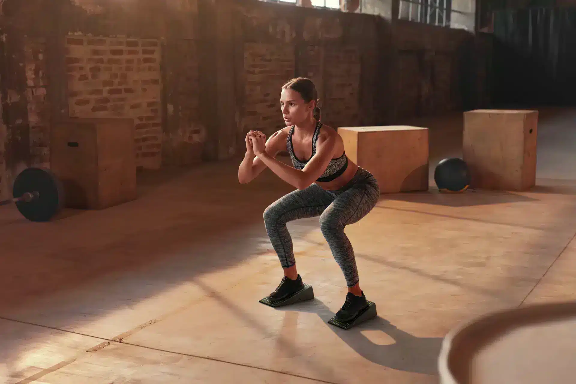 Woman performing heel elevated squats with Flexelent squat wedges