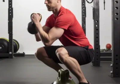 Man performing a squat using Flexelent squat wedge blocks at the gym