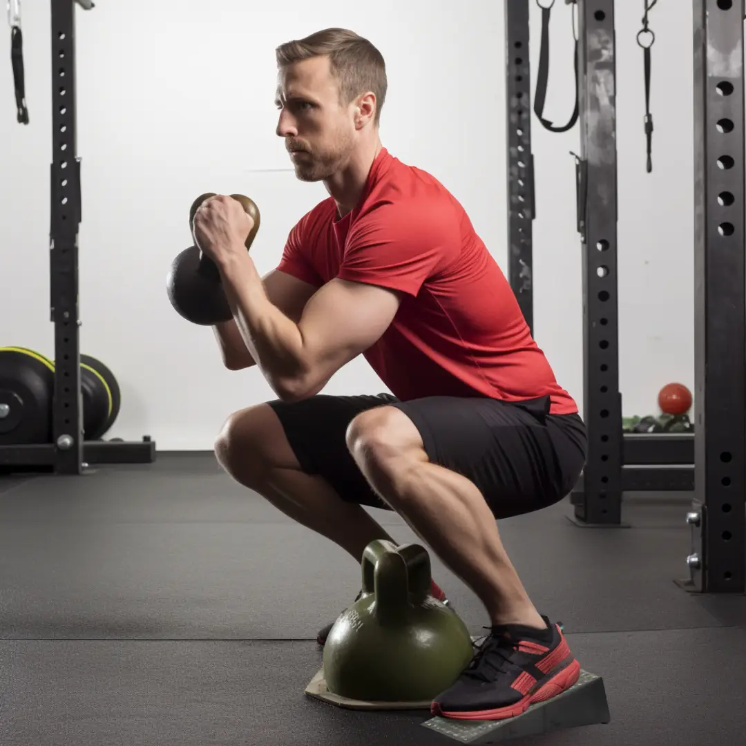 Man performing a squat using Flexelent squat wedge blocks at the gym