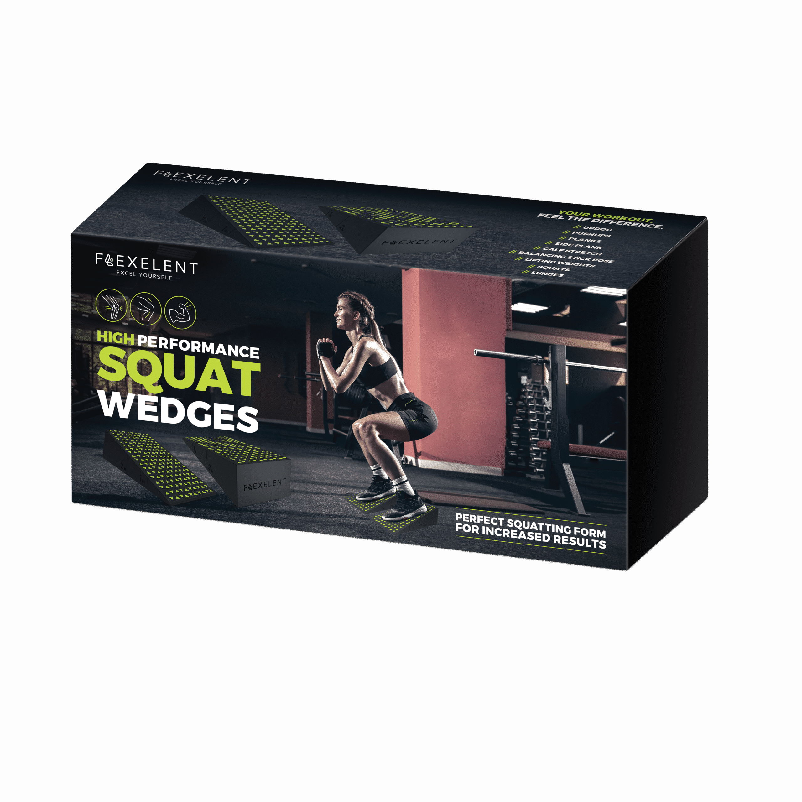 Flexelent Squat Wedges fitness gift packaging with workout visuals.